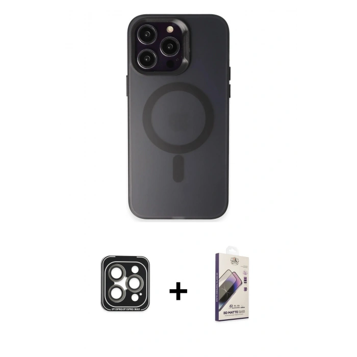 MARSİLYAN™- iPhone 15 Pro Max Kılıf Kozmos Çizgi Prime - Siyah Bilvis 3D Mat Cam Ekran Koruyucu + PVD Metal Kamera Lens - GI