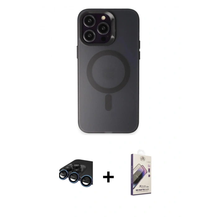 MARSİLYAN™- iPhone 15 Pro Max Kılıf Kozmos Çizgi Prime - Siyah Bilvis 3D Mat Cam Ekran Koruyucu + Raze Metal Kamera Lens - LT