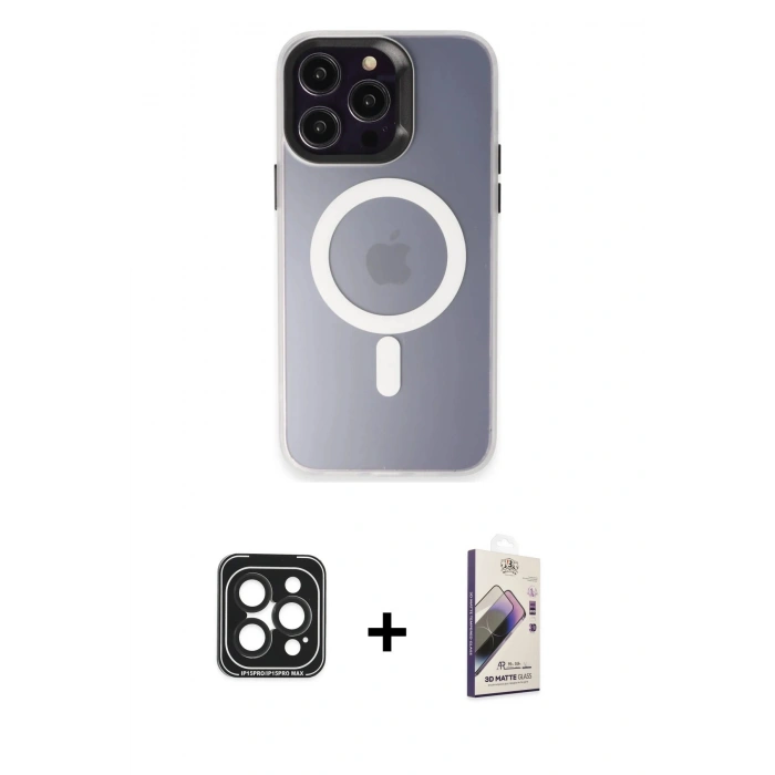 MARSİLYAN™- iPhone 15 Pro Max Kılıf Kozmos Çizgi Prime - Siyah Bilvis 3D Mat Cam Ekran Koruyucu + PVD Metal Kamera Lens - SH