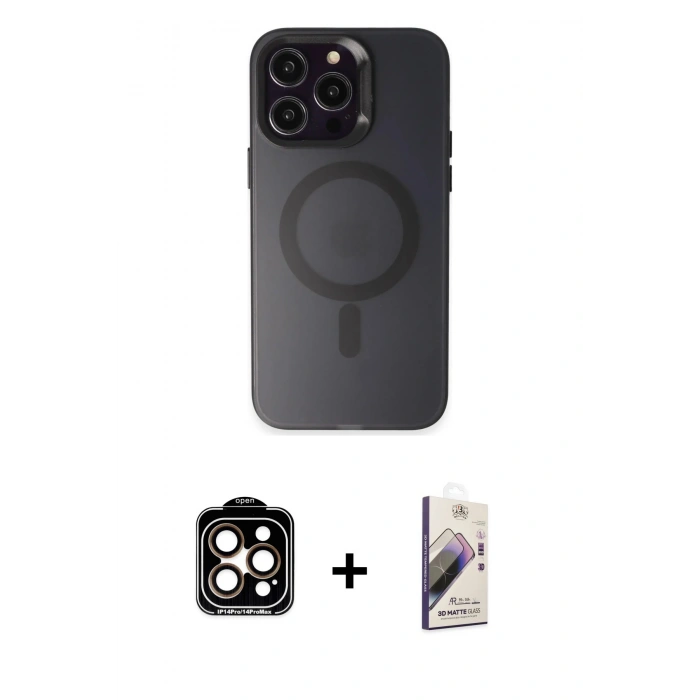 MARSİLYAN™- iPhone 15 Pro Max Kılıf Kozmos Çizgi Prime - Siyah Bilvis 3D Mat Cam Ekran Koruyucu + PVD Metal Kamera Lens - TU