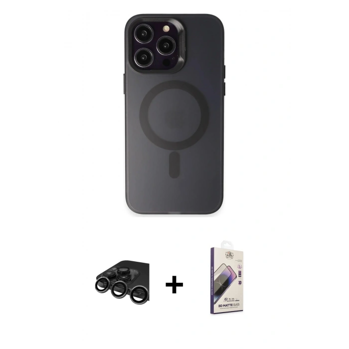 MARSİLYAN™- iPhone 15 Pro Max Kılıf Kozmos Çizgi Prime - Siyah Bilvis 3D Mat Cam Ekran Koruyucu + Raze Metal Kamera Lens - TMGI