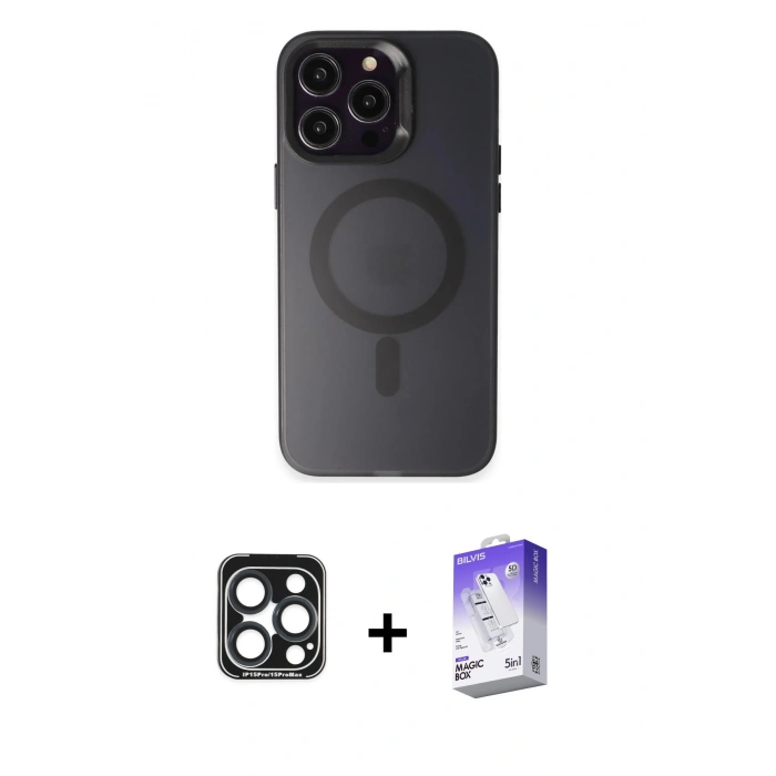 MARSİLYAN™- iPhone 15 Pro Max Kılıf Kozmos Çizgi Prime - Siyah Bilvis 5in1 3D Magic Cam Ekran Koruyucu + Lacivert PVD Metal Kamera Lens
