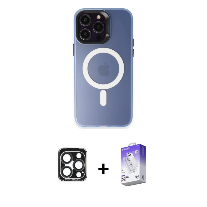 MARSİLYAN™- iPhone 15 Pro Max Kılıf Kozmos Çizgi Prime - Siyah Bilvis 5in1 3D Magic Cam Ekran Koruyucu + Lacivert PVD Metal Kamera Lens
