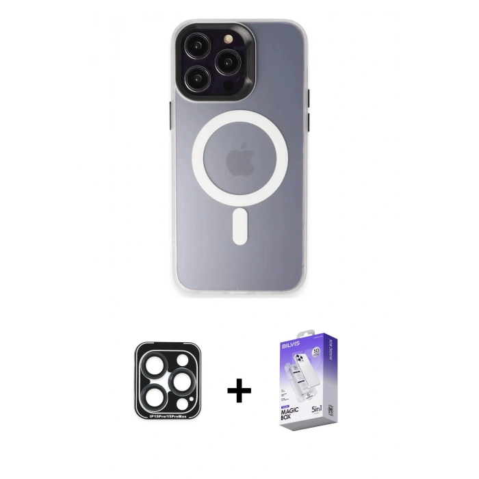 MARSİLYAN™- iPhone 15 Pro Max Kılıf Kozmos Çizgi Prime - Siyah Bilvis 5in1 3D Magic Cam Ekran Koruyucu + Lacivert PVD Metal Kamera Lens