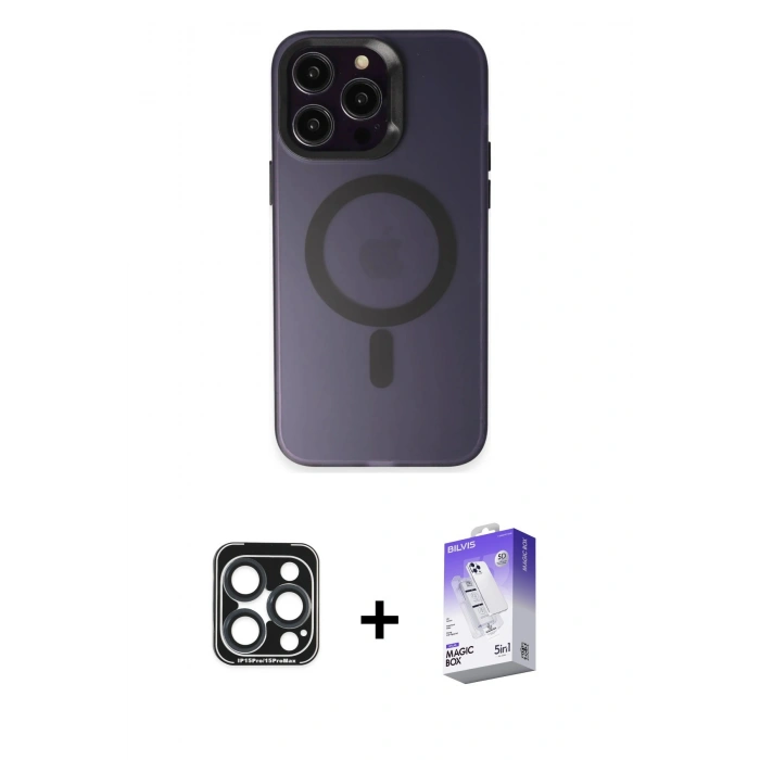 MARSİLYAN™- iPhone 15 Pro Max Kılıf Kozmos Çizgi Prime - Siyah Bilvis 5in1 3D Magic Cam Ekran Koruyucu + Lacivert PVD Metal Kamera Lens