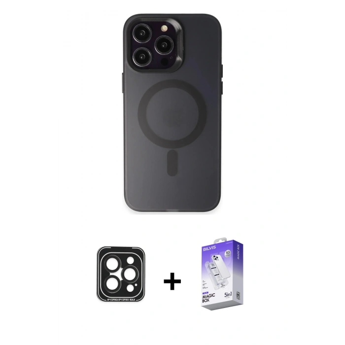 MARSİLYAN™- iPhone 15 Pro Max Kılıf Kozmos Çizgi Prime - Siyah Bilvis 5in1 3D Magic Cam Ekran Koruyucu + PVD Metal Kamera Lens - SH