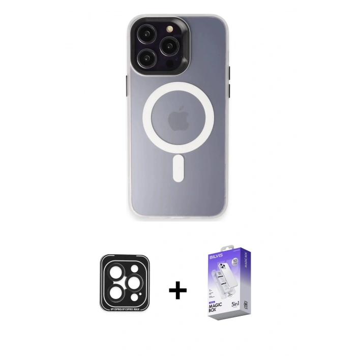 MARSİLYAN™- iPhone 15 Pro Max Kılıf Kozmos Çizgi Prime - Siyah Bilvis 5in1 3D Magic Cam Ekran Koruyucu + PVD Metal Kamera Lens - SH