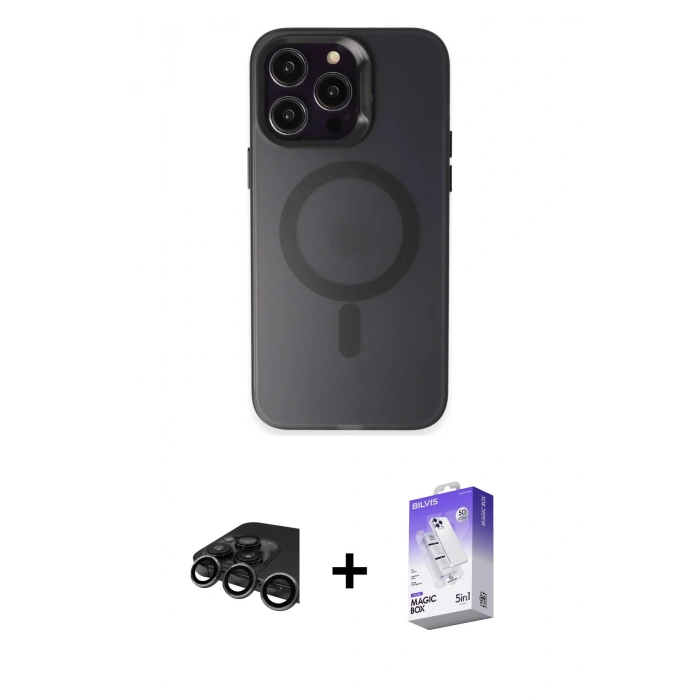 MARSİLYAN™- iPhone 15 Pro Max Kılıf Kozmos Çizgi Prime - Siyah Bilvis 5in1 3D Magic Cam Ekran Koruyucu + Raze Metal Kamera Lens - TMGI