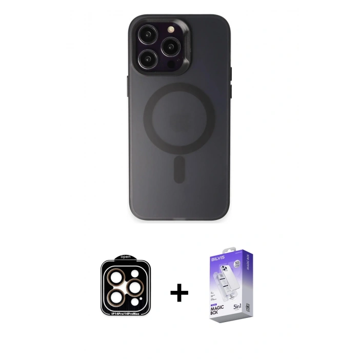 MARSİLYAN™- iPhone 15 Pro Max Kılıf Kozmos Çizgi Prime - Siyah Bilvis 5in1 3D Magic Cam Ekran Koruyucu + PVD Metal Kamera Lens - TU