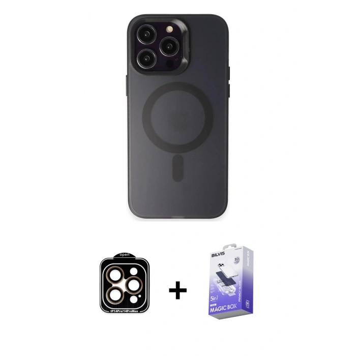 MARSİLYAN™- iPhone 15 Pro Max Kılıf Kozmos Çizgi Prime - Siyah Bilvis 5in1 5D Magic Hayalet Cam Ekran Koruyucu + PVD Metal Kamera Lens - TU