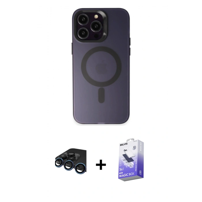 MARSİLYAN™- iPhone 15 Pro Max Kılıf Kozmos Çizgi Prime - Siyah Bilvis 5in1 5D Magic Hayalet Cam Ekran Koruyucu + Raze Metal Kamera Lens - LT