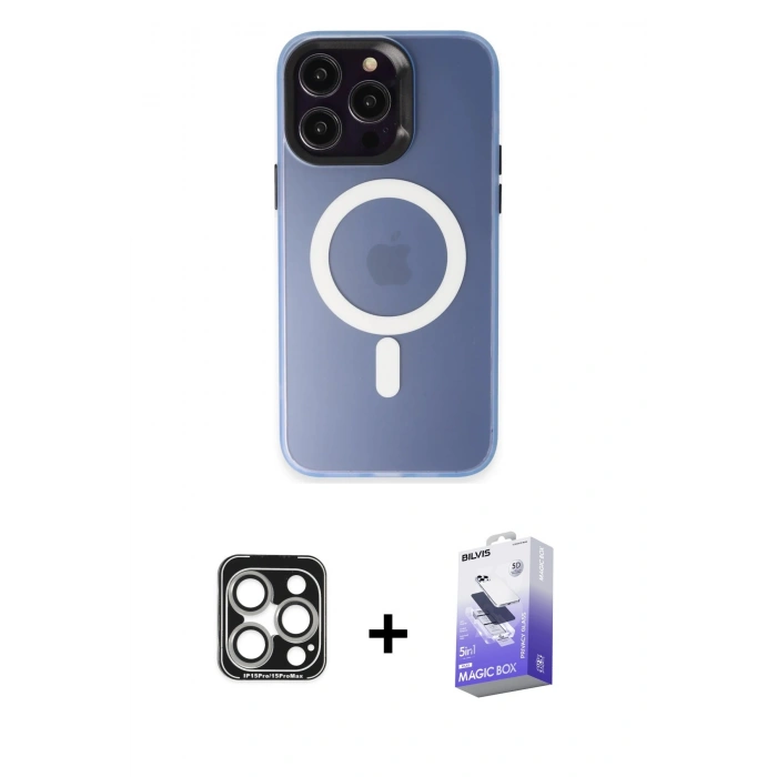 MARSİLYAN™- iPhone 15 Pro Max Kılıf Kozmos Çizgi Prime - Siyah Bilvis 5in1 5D Magic Hayalet Cam Ekran Koruyucu + PVD Metal Kamera Lens - GS