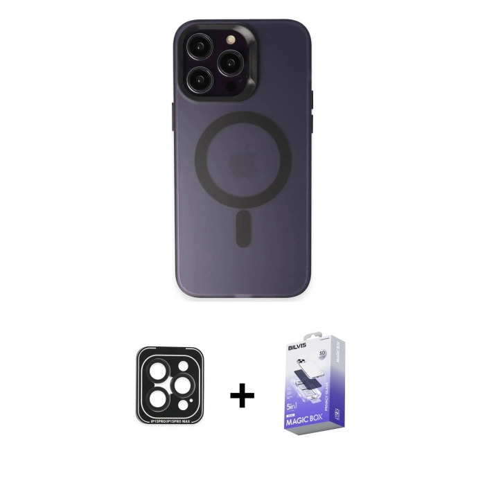 MARSİLYAN™- iPhone 15 Pro Max Kılıf Kozmos Çizgi Prime - Siyah Bilvis 5in1 5D Magic Hayalet Cam Ekran Koruyucu + PVD Metal Kamera Lens - SH