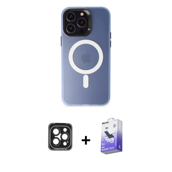 MARSİLYAN™- iPhone 15 Pro Max Kılıf Kozmos Çizgi Prime - Siyah Bilvis 5in1 5D Magic Hayalet Cam Ekran Koruyucu + PVD Metal Kamera Lens - SH