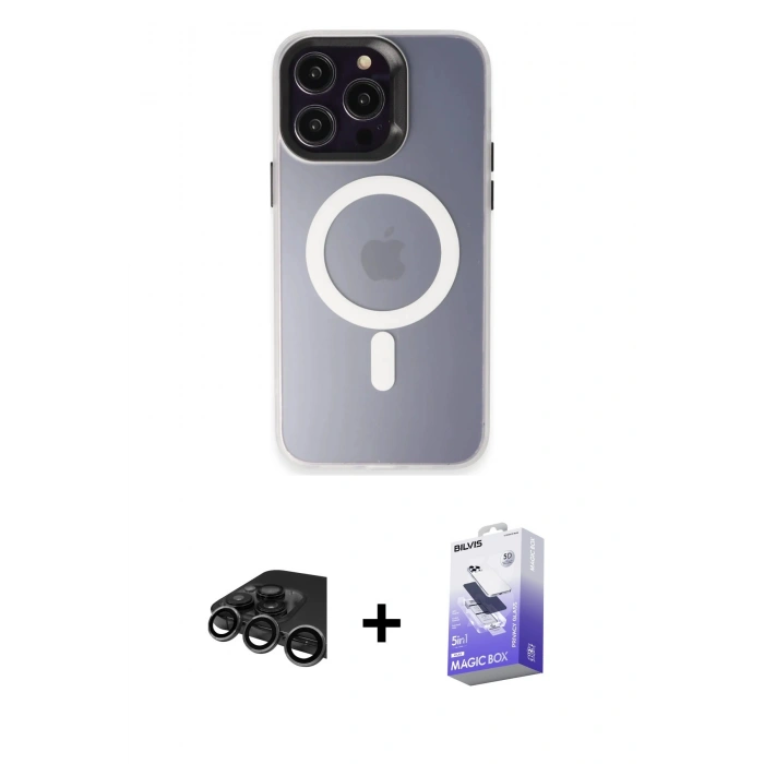 MARSİLYAN™- iPhone 15 Pro Max Kılıf Kozmos Çizgi Prime - Siyah Bilvis 5in1 5D Magic Hayalet Cam Ekran Koruyucu + Titanyum Gri Raze Metal Kamera Lens