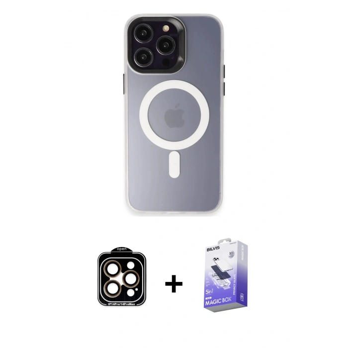 MARSİLYAN™- iPhone 15 Pro Max Kılıf Kozmos Çizgi Prime - Siyah Bilvis 5in1 5D Magic Hayalet Cam Ekran Koruyucu + PVD Metal Kamera Lens - TU