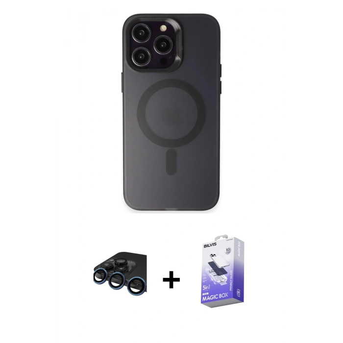 MARSİLYAN™- iPhone 15 Pro Max Kılıf Kozmos Çizgi Prime - Siyah Bilvis 5in1 5D Magic Hayalet Cam Ekran Koruyucu + Raze Metal Kamera Lens - LT