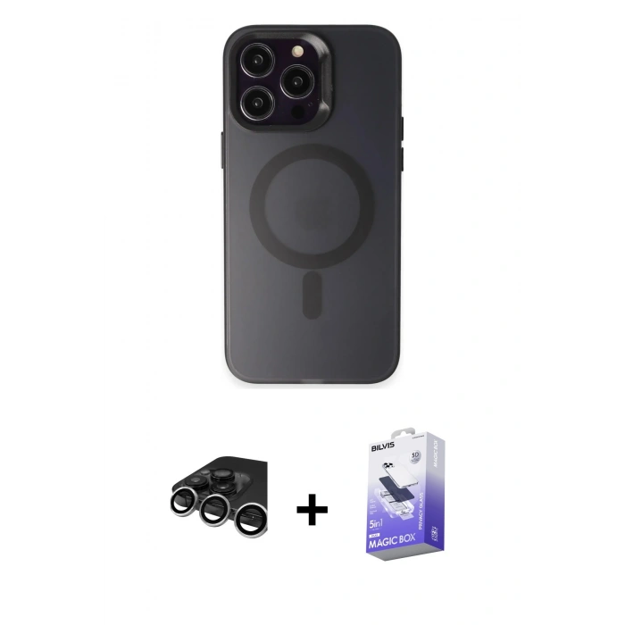 MARSİLYAN™- iPhone 15 Pro Max Kılıf Kozmos Çizgi Prime - Siyah Bilvis 5in1 5D Magic Hayalet Cam Ekran Koruyucu + Raze Metal Kamera Lens - GS