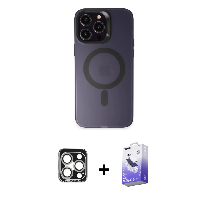 MARSİLYAN™- iPhone 15 Pro Max Kılıf Kozmos Çizgi Prime - Siyah Bilvis 5in1 5D Magic Hayalet Cam Ekran Koruyucu + PVD Metal Kamera Lens - GS
