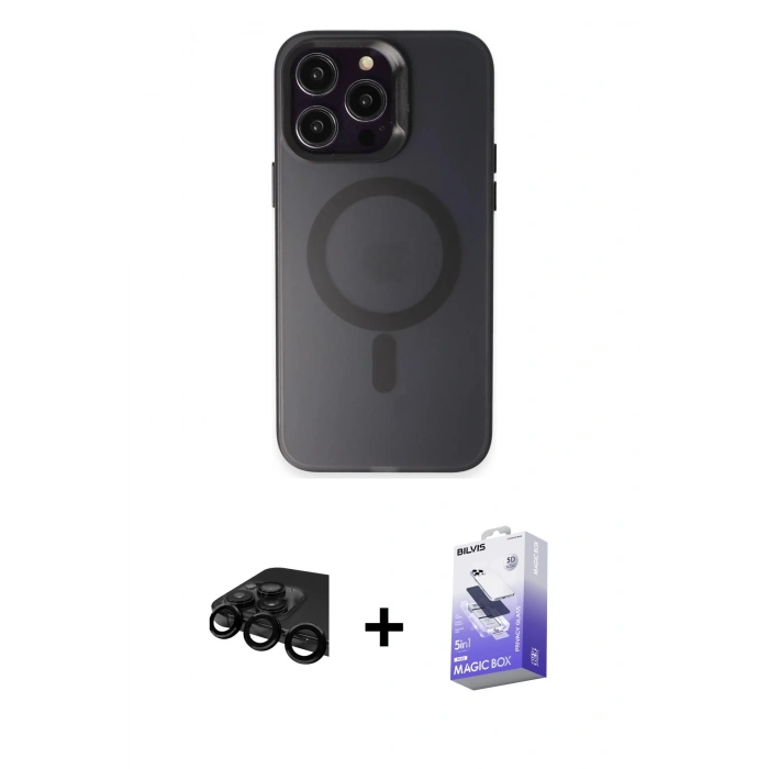 MARSİLYAN™- iPhone 15 Pro Max Kılıf Kozmos Çizgi Prime - Siyah Bilvis 5in1 5D Magic Hayalet Cam Ekran Koruyucu + Raze Metal Kamera Lens - SH