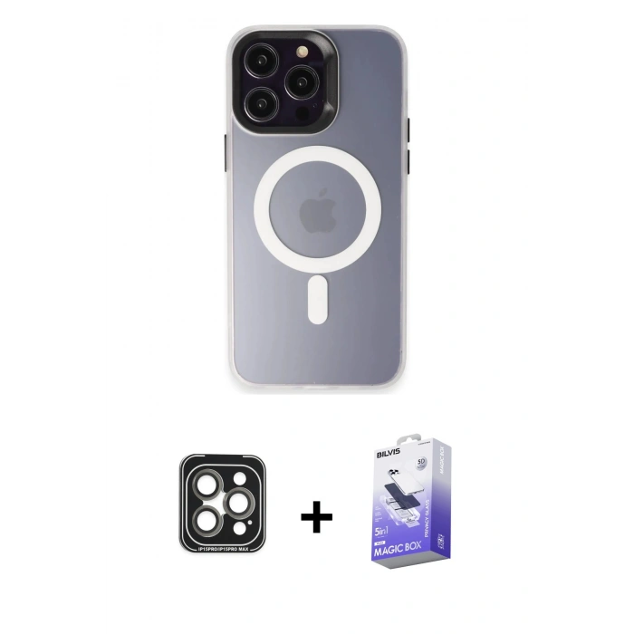 MARSİLYAN™- iPhone 15 Pro Max Kılıf Kozmos Çizgi Prime - Siyah Bilvis 5in1 5D Magic Hayalet Cam Ekran Koruyucu + PVD Metal Kamera Lens - GI