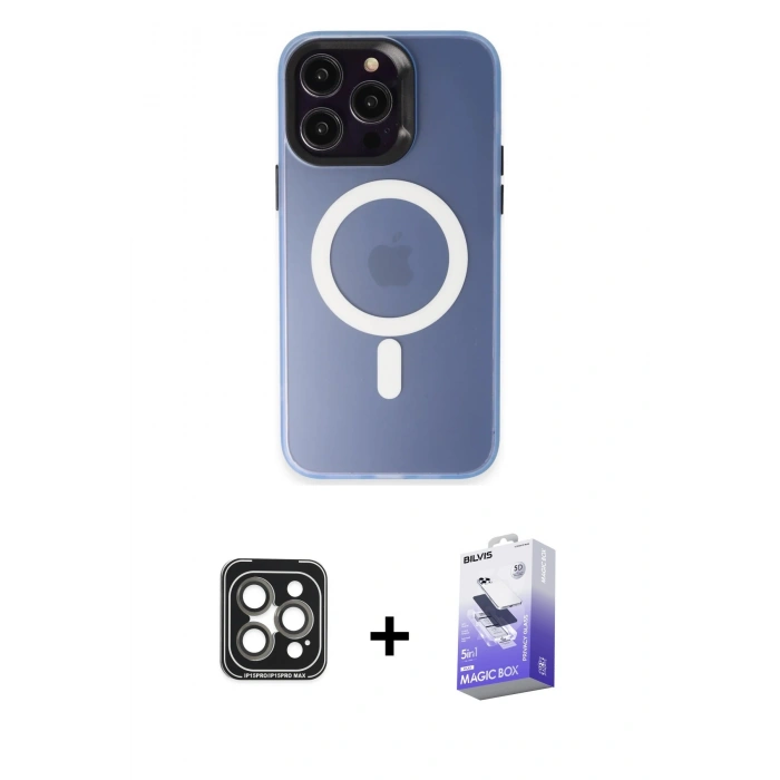 MARSİLYAN™- iPhone 15 Pro Max Kılıf Kozmos Çizgi Prime - Siyah Bilvis 5in1 5D Magic Hayalet Cam Ekran Koruyucu + PVD Metal Kamera Lens - GI