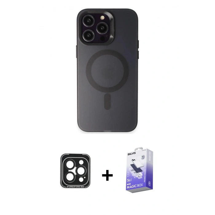 MARSİLYAN™- iPhone 15 Pro Max Kılıf Kozmos Çizgi Prime - Siyah Bilvis 5in1 5D Magic Hayalet Cam Ekran Koruyucu + PVD Metal Kamera Lens - SH