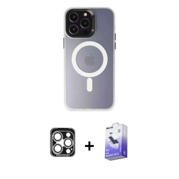 MARSİLYAN™- iPhone 15 Pro Max Kılıf Kozmos Çizgi Prime - Siyah Bilvis 5in1 5D Magic Hayalet Cam Ekran Koruyucu + PVD Metal Kamera Lens - GS