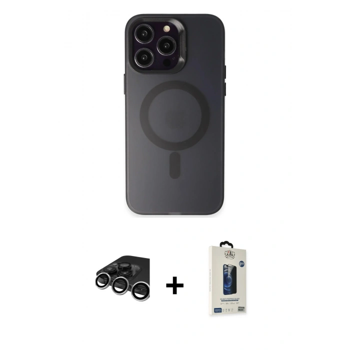 MARSİLYAN™- iPhone 15 Pro Max Kılıf Kozmos Çizgi Prime - Siyah Bilvis Hayalet Cam Ekran Koruyucu + Raze Metal Kamera Lens - GS