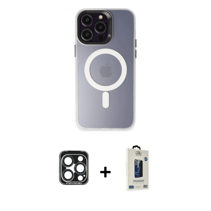 MARSİLYAN™- iPhone 15 Pro Max Kılıf Kozmos Çizgi Prime - Siyah Bilvis Hayalet Cam Ekran Koruyucu + PVD Metal Kamera Lens - LT