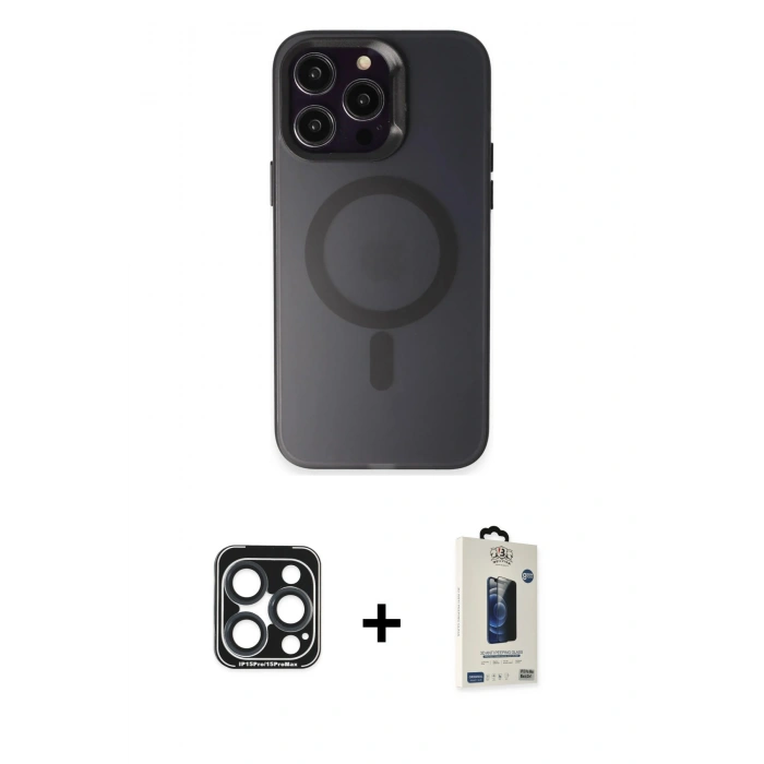 MARSİLYAN™- iPhone 15 Pro Max Kılıf Kozmos Çizgi Prime - Siyah Bilvis Hayalet Cam Ekran Koruyucu + PVD Metal Kamera Lens - LT