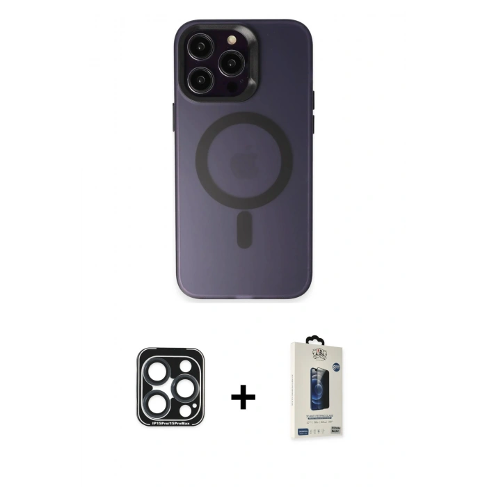 MARSİLYAN™- iPhone 15 Pro Max Kılıf Kozmos Çizgi Prime - Siyah Bilvis Hayalet Cam Ekran Koruyucu + PVD Metal Kamera Lens - LT