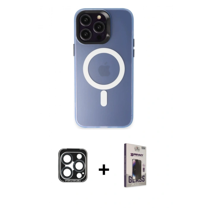 MARSİLYAN™- iPhone 15 Pro Max Kılıf Kozmos Çizgi Prime - Siyah Bilvis Hayalet Cam Ekran Koruyucu + Lacivert PVD Metal Kamera Lens