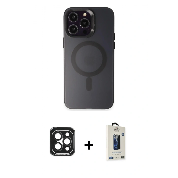 MARSİLYAN™- iPhone 15 Pro Max Kılıf Kozmos Çizgi Prime - Siyah Bilvis Hayalet Cam Ekran Koruyucu + PVD Metal Kamera Lens - SH