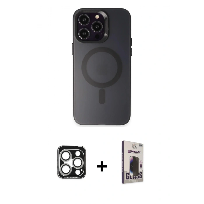 MARSİLYAN™- iPhone 15 Pro Max Kılıf Kozmos Çizgi Prime - Siyah Bilvis Hayalet Cam Ekran Koruyucu + PVD Metal Kamera Lens - GS