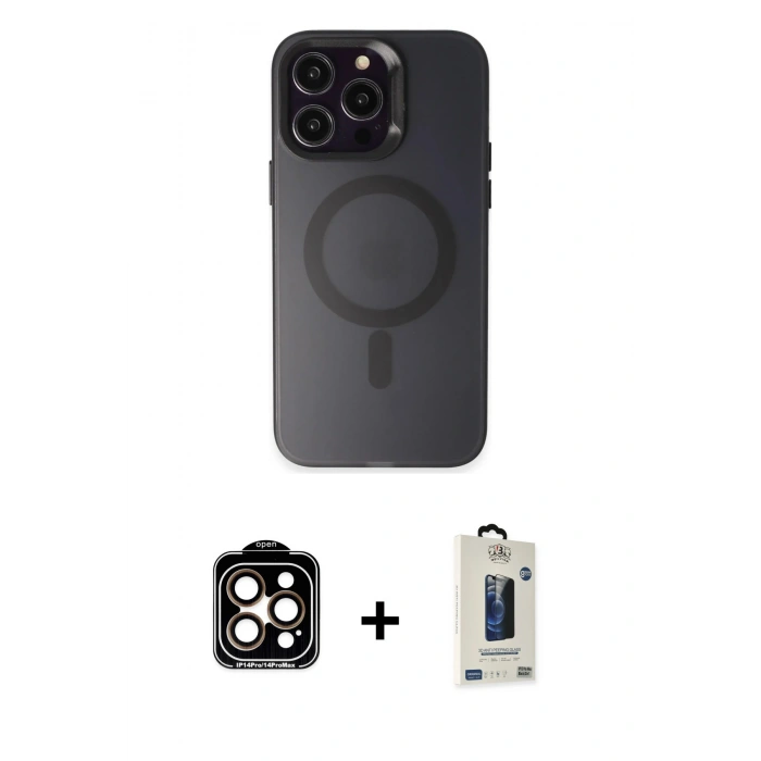 MARSİLYAN™- iPhone 15 Pro Max Kılıf Kozmos Çizgi Prime - Siyah Bilvis Hayalet Cam Ekran Koruyucu + PVD Metal Kamera Lens - TU