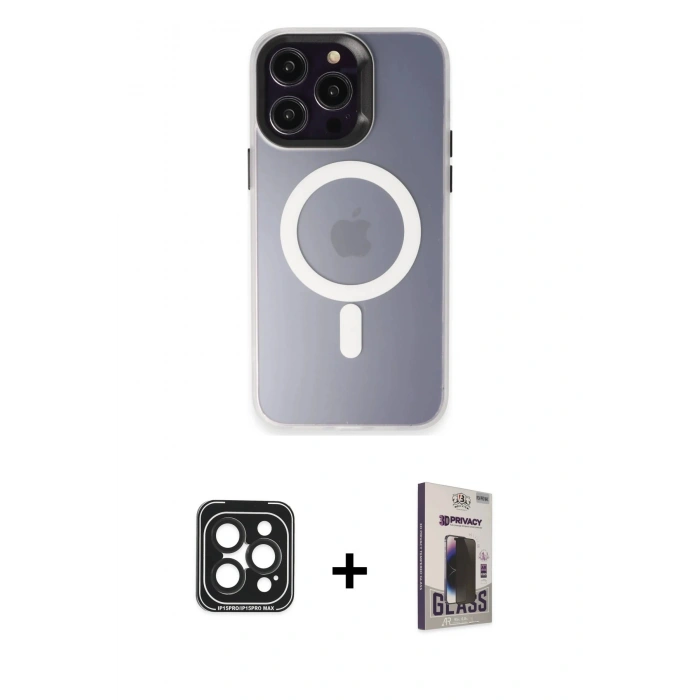 MARSİLYAN™- iPhone 15 Pro Max Kılıf Kozmos Çizgi Prime - Siyah Bilvis Hayalet Cam Ekran Koruyucu + PVD Metal Kamera Lens - SH