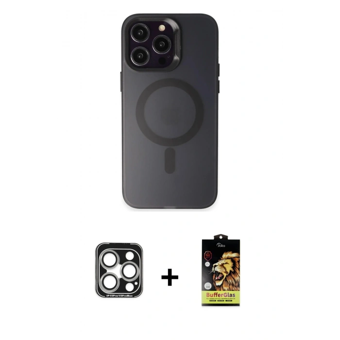 MARSİLYAN™- iPhone 15 Pro Max Kılıf Kozmos Çizgi Prime - Siyah Buffer Cam Ekran Koruyucu + PVD Metal Kamera Lens - GS