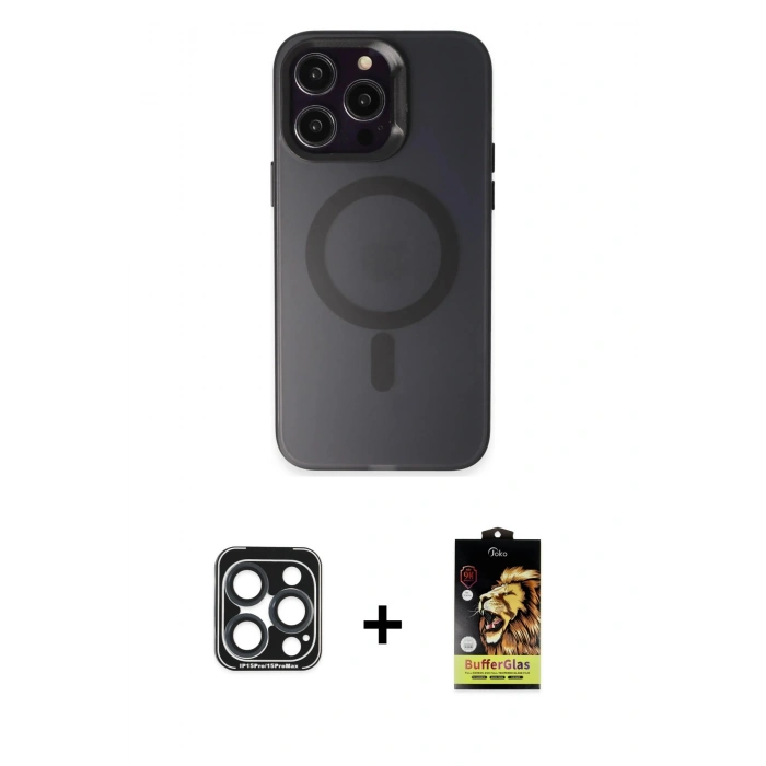 MARSİLYAN™- iPhone 15 Pro Max Kılıf Kozmos Çizgi Prime - Siyah Buffer Cam Ekran Koruyucu + PVD Metal Kamera Lens - LT