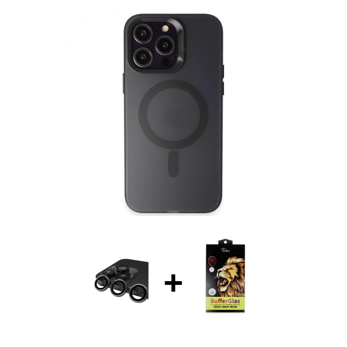 MARSİLYAN™- iPhone 15 Pro Max Kılıf Kozmos Çizgi Prime - Siyah Buffer Cam Ekran Koruyucu + Raze Metal Kamera Lens - TMGI