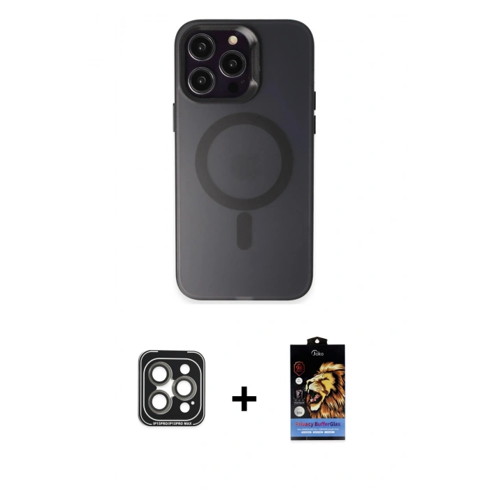 MARSİLYAN™- iPhone 15 Pro Max Kılıf Kozmos Çizgi Prime - Siyah Buffer Hayalet Cam Ekran Koruyucu + PVD Metal Kamera Lens - GI