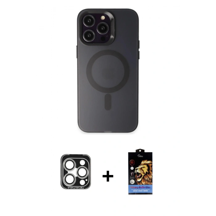 MARSİLYAN™- iPhone 15 Pro Max Kılıf Kozmos Çizgi Prime - Siyah Buffer Hayalet Cam Ekran Koruyucu + PVD Metal Kamera Lens - GS