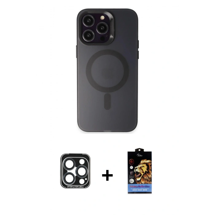 MARSİLYAN™- iPhone 15 Pro Max Kılıf Kozmos Çizgi Prime - Siyah Buffer Hayalet Cam Ekran Koruyucu + PVD Metal Kamera Lens - LT