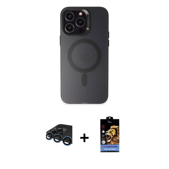 MARSİLYAN™- iPhone 15 Pro Max Kılıf Kozmos Çizgi Prime - Siyah Buffer Hayalet Cam Ekran Koruyucu + Raze Metal Kamera Lens - LT