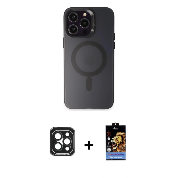 MARSİLYAN™- iPhone 15 Pro Max Kılıf Kozmos Çizgi Prime - Siyah Buffer Hayalet Cam Ekran Koruyucu + PVD Metal Kamera Lens - SH