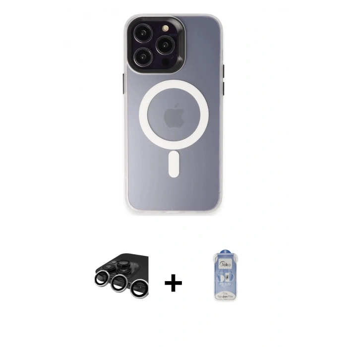 MARSİLYAN™- iPhone 15 Pro Max Kılıf Kozmos Çizgi Prime - Siyah Joko Magic 5D Cam + Gümüş Raze Metal Kamera Lens