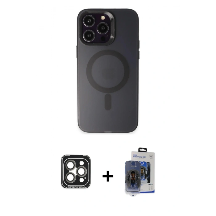 MARSİLYAN™- iPhone 15 Pro Max Kılıf Kozmos Çizgi Prime - Siyah Vanessa Magic Cam + Gri PVD Metal Kamera Lens
