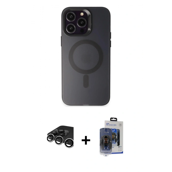 MARSİLYAN™- iPhone 15 Pro Max Kılıf Kozmos Çizgi Prime - Siyah Vanessa Magic Cam + Gümüş Raze Metal Kamera Lens