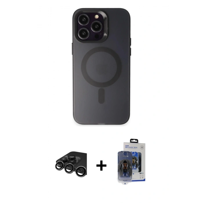 MARSİLYAN™- iPhone 15 Pro Max Kılıf Kozmos Çizgi Prime - Siyah Vanessa Magic Cam + Titanyum Gri Raze Metal Kamera Lens