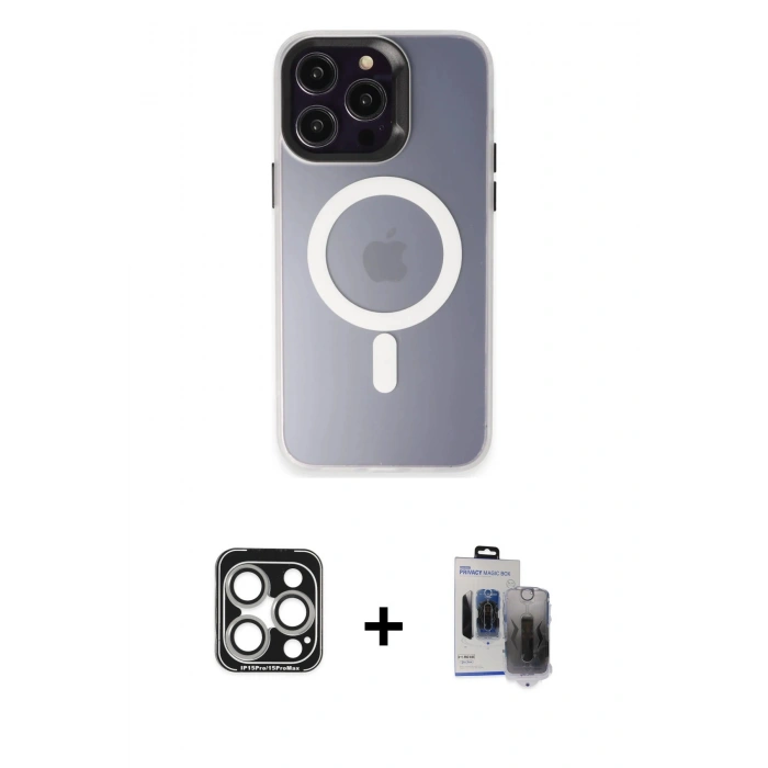 MARSİLYAN™- iPhone 15 Pro Max Kılıf Kozmos Çizgi Prime - Siyah Vanessa Magic Hayalet Cam + Gümüş PVD Metal Kamera Lens